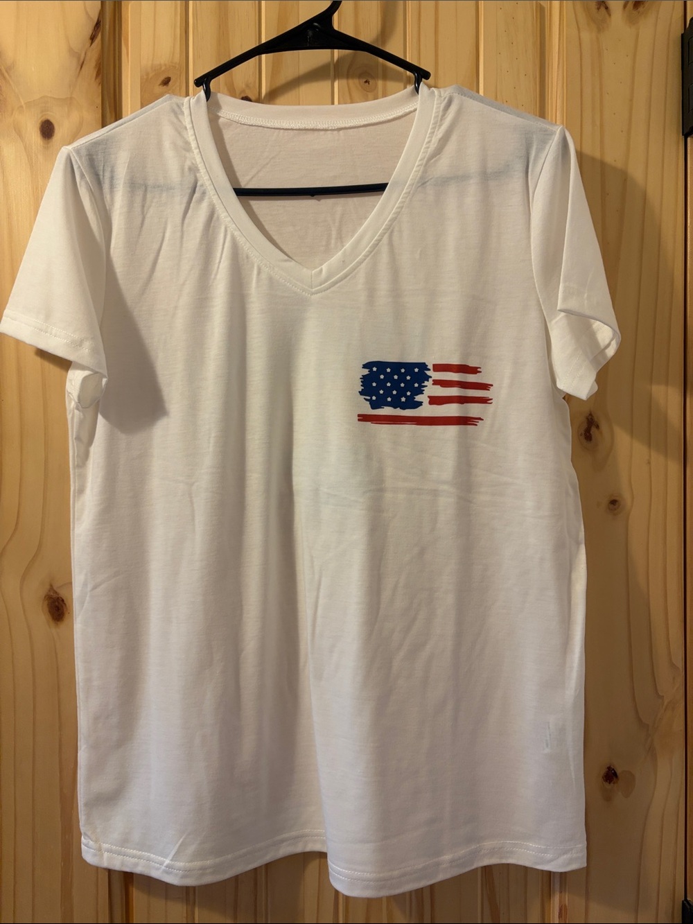 White V-Neck Tee with Distressed American Flag Chest Print